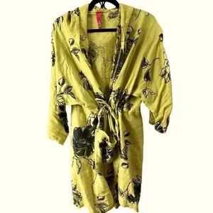 Chartreuse Linen Open Front Kimono/ Wrap Floral Print. A summer gem.
